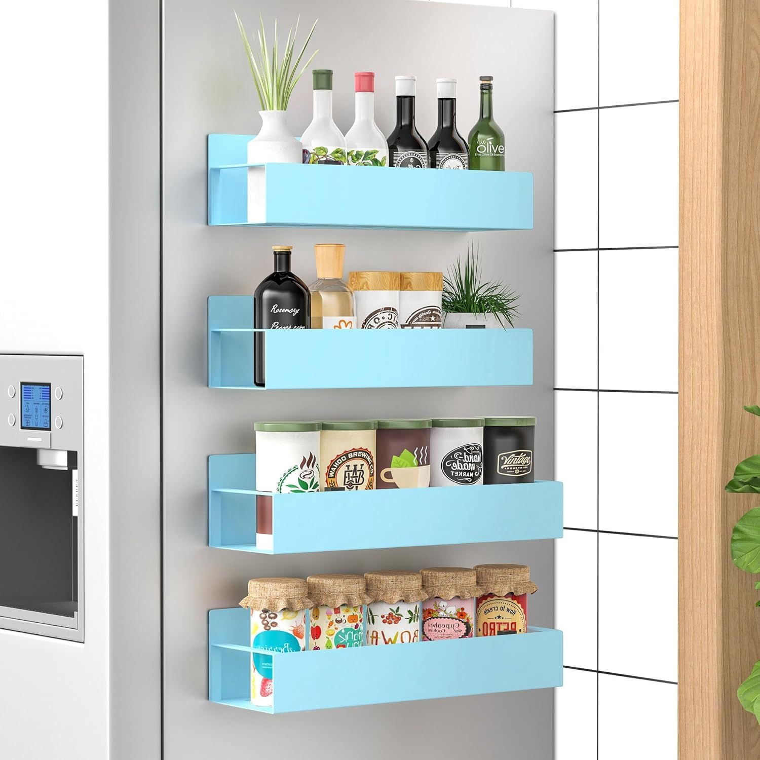 4 Pack Magnetic Spice Storage Rack Organizer for Refrigerator and Oven Blue Fridge Organizers and Space‑Saving Kitchen Storage Shelves