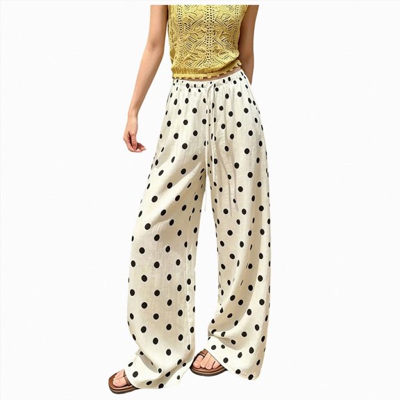 COMVALUE Palazzo Pants for Women Wide Leg Flowy Pants with Pockets Elastic Mid Waist Summer Beach Vacation Outfits Lightweight (Beige, M)