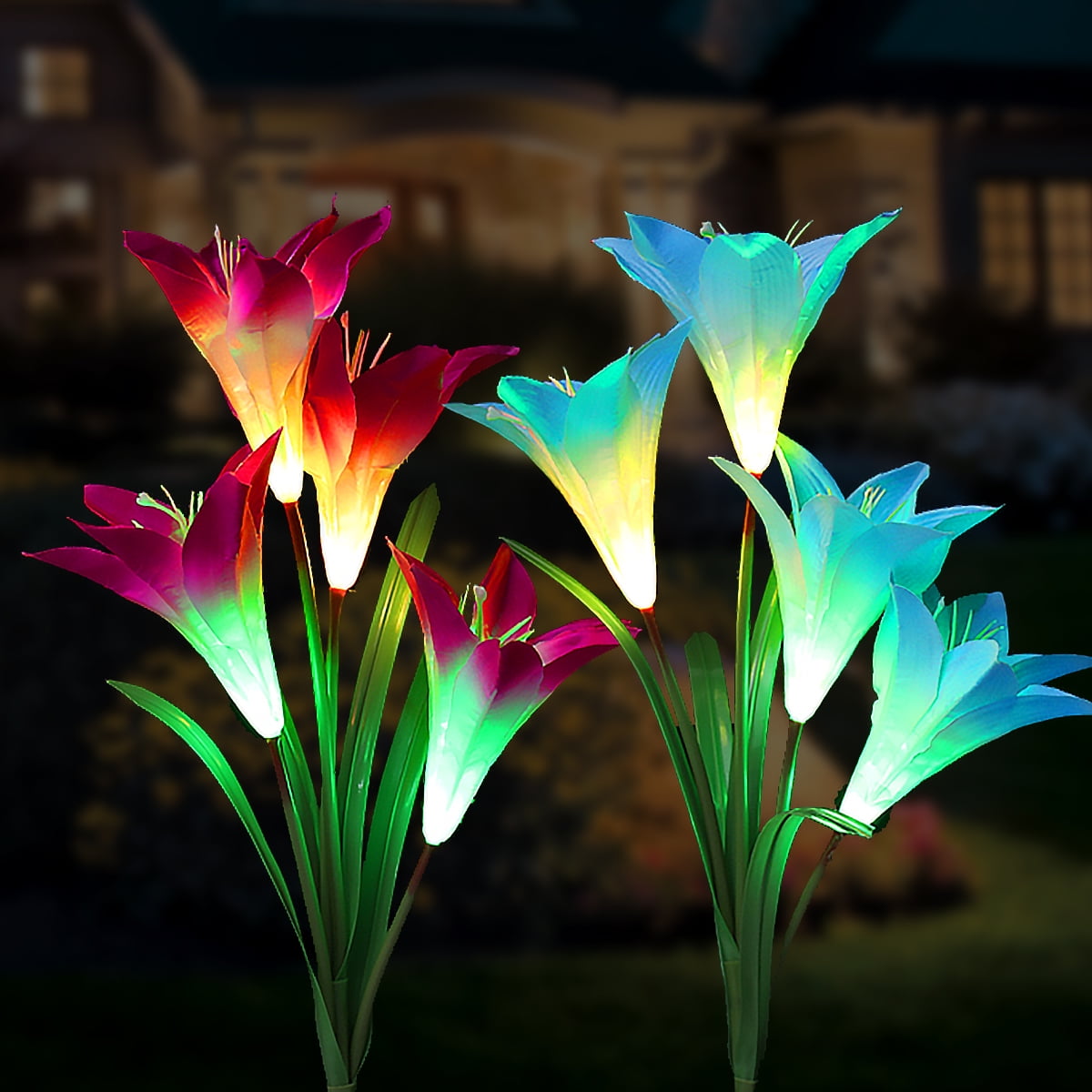 Solar Powered Light 4 Lily Flower 7 Color Changing LED  Lights Garden Decor 