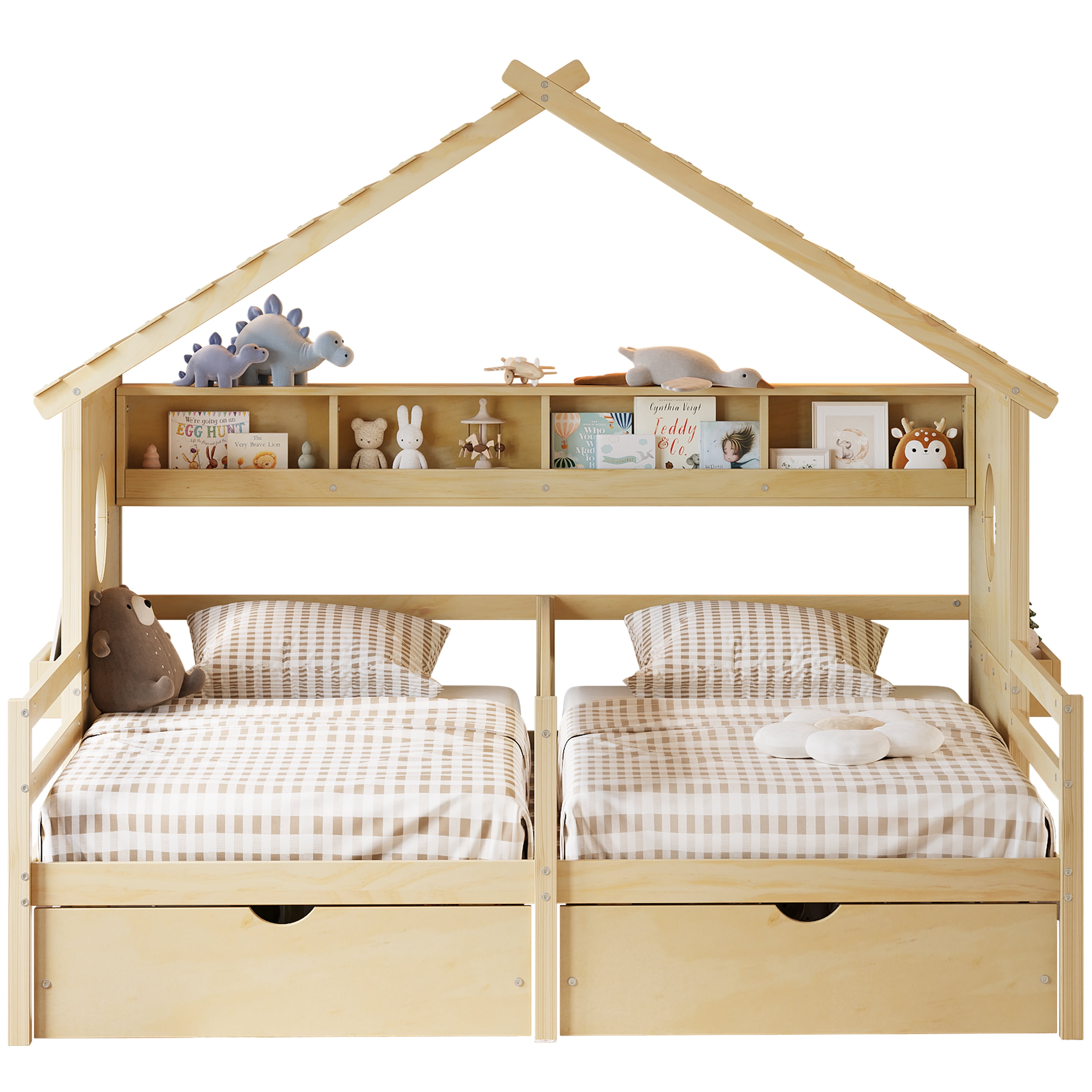 Euroco Wood Twin Size Platform Bed, Side by Side 2 Beds in 1 with Storage Shelves and Drawers, Natural