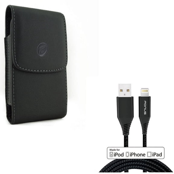 Charger Cord Certified 6ft MFi USB Cable w Holster Leather Case Belt Clip for iPhone XS,X,8,7,6S,6,11 Pro Models