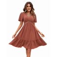 thumbnail image 2 of Robe d'Été Boho à Pois Courte en Dentelle Col en V Manches Courtes Robe Fluide Ligne A Mini Robe Rouge Brique L, 2 of 10