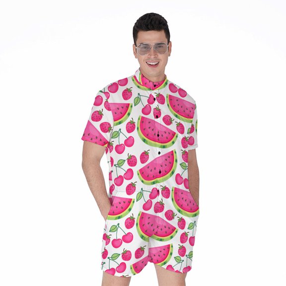 Cute Berry Watermelon Pattern Short Sleeve Men'S Rompers Casual Summer Jumpsuits Outfit
