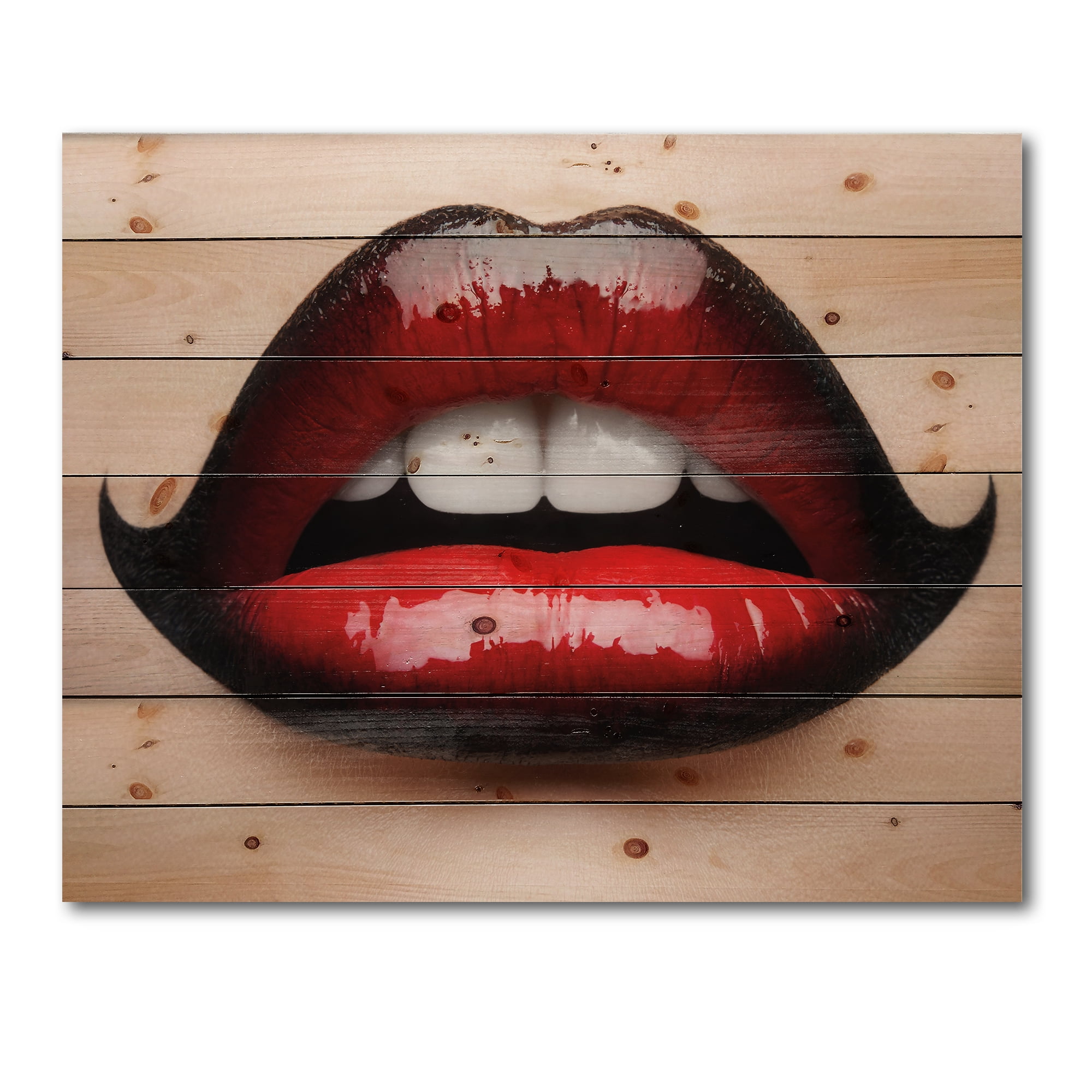 Designart 'Woman Lips With Red and Black Lipstick' Modern Print on Natural Pine Wood
