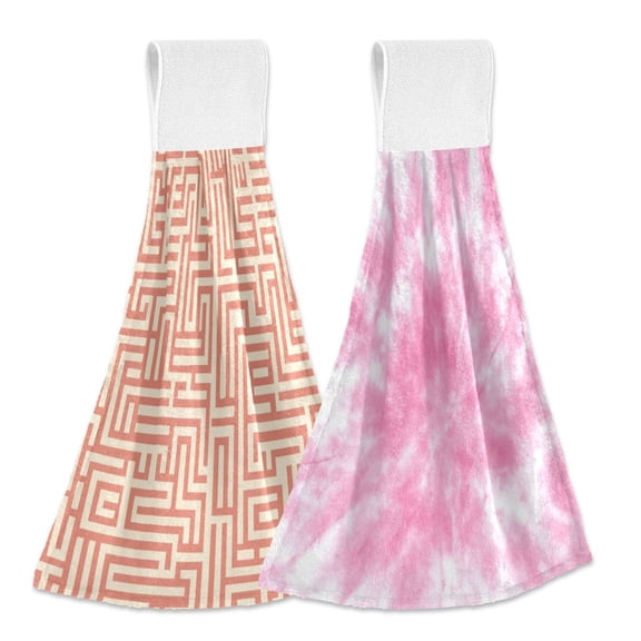 IAUYY Kitchen Hanging Towels Set of 2 100% Polyester Absorbent, Super Soft Hand Towels with Hanging Loops for Bathroom Kitchen Maze Pattern Light Pink Tie Dye Pattern