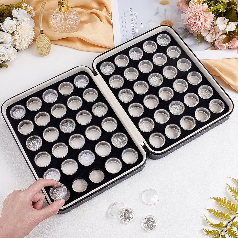 1set 60pcs 2 colors Plastic Loose Diamond Round boxes Organizer Bags for Nail Art Small Items Loose Gems Storage Black and White Black bag: 26x20.5x6.6cm round box: 32mm in diameter 30pcs/color
