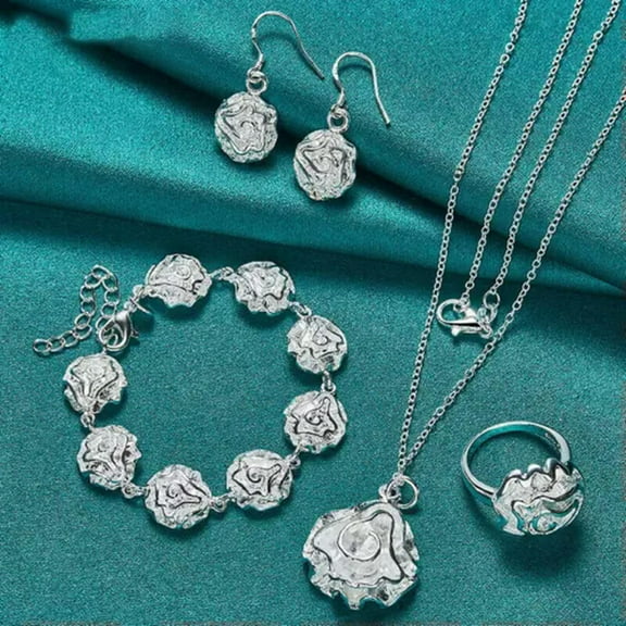 QQTDFG 4pcs Hot 925 Sterling Silver Rose Flower Necklace Bracelet Earring Ring Set-9-45cm