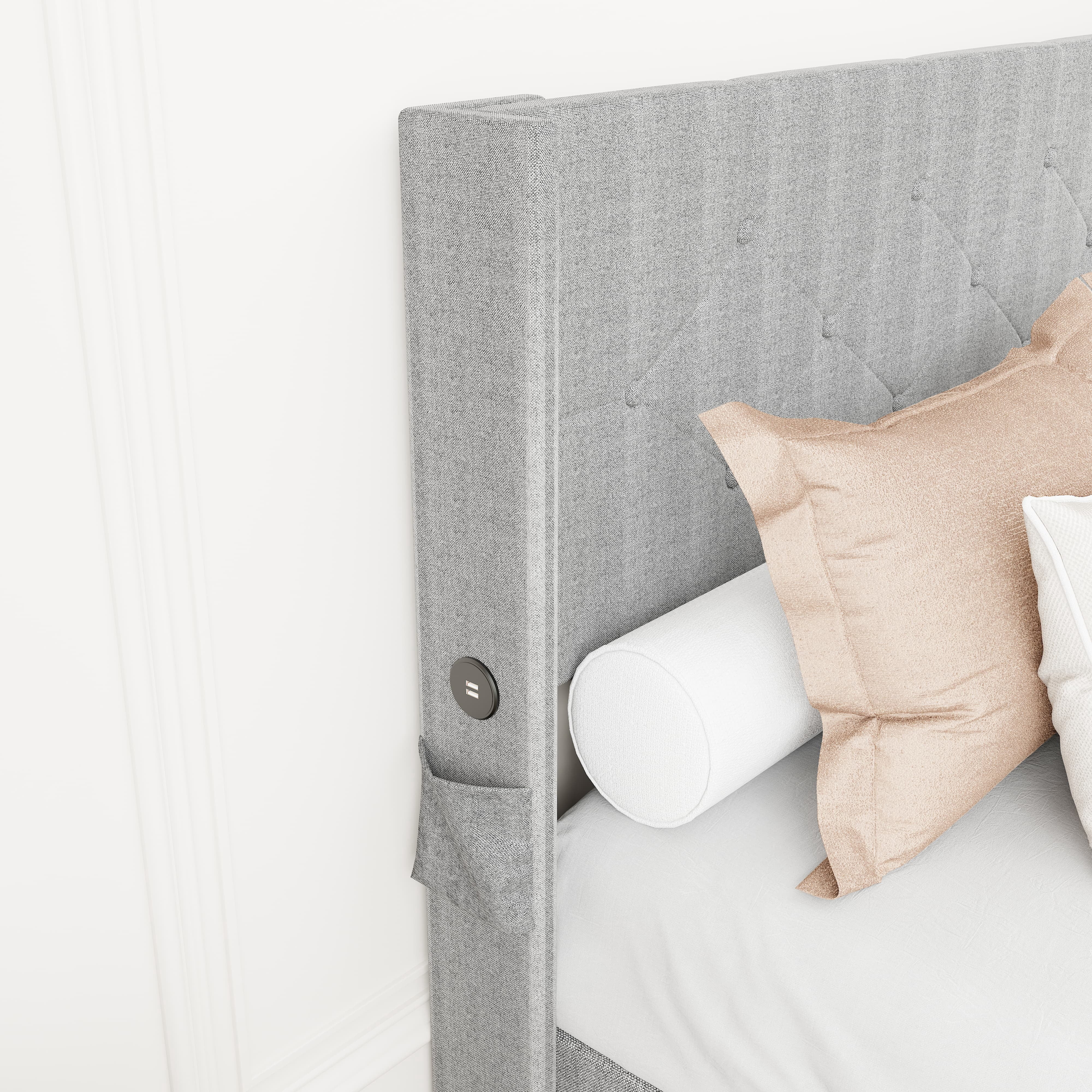 Euroco Full Size Platfrom Bed with Lift Up Storage and Wingback Headboard, USP Ports, Light Grey