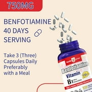 Benfotiamine 750mg Ultra Bioavailable Thiamine Vitamin B1, 120 Vegetarian Capsules, Made in USA cGMP Facility, Supports Overall Health, Gluten Free