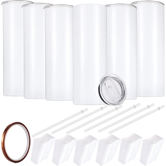 Sublimation Skinny Tumbler Straight Blank White 20oz - Sublimation Tumblers for Heat Transfer, Stainless Steel Coffee Cup with Shrink Wrap Sleeve & Heat Tape | Vinyl DIY Gifts, 6 Pack