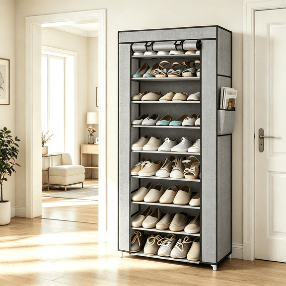 Ktaxon 10 Tiers Shoe Rack with Dustproof Cover Closet, Shoe Storage Cabinet Organizer Gray