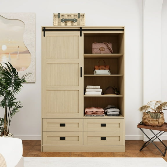 MDQMD Armoire Wardrobe Closet with 4 Drawers & Shelves for Bedroom,Wooden Wardrobe with Sliding Doors for Bedroom