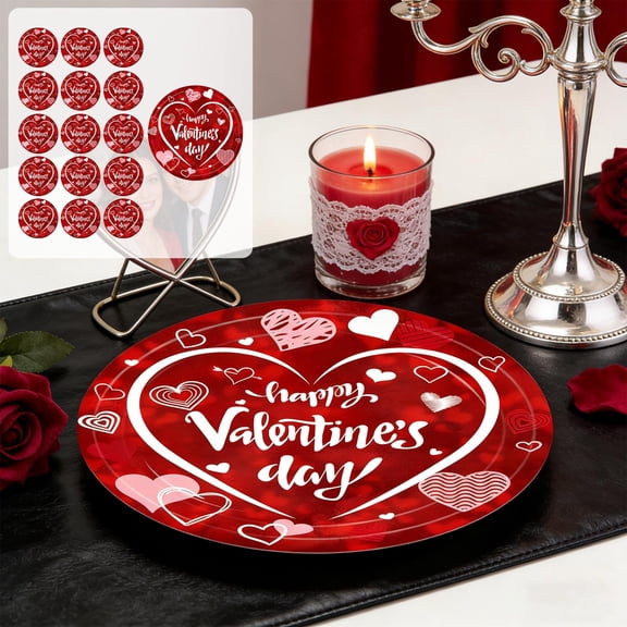 Valentine's Day Party Tableware Set, Red Hearts 16-Pc Disposable Paper Plates (7-inch & 9-inch), Cups & Napkins, Customizable for Date Night, Galentine's or Couples Dinner Red