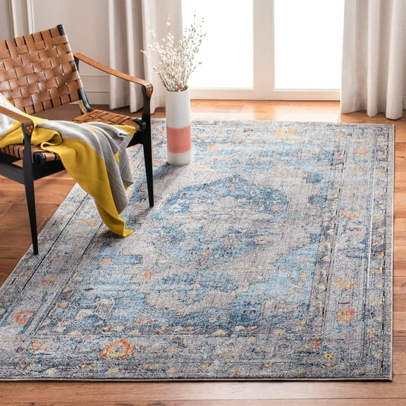 SAFAVIEH Bristol Derbhile Oriental Polyester Area Rug, Blue/Light Gray, 5'1" x 7'6"