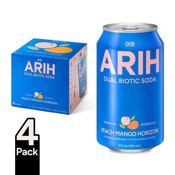 ARIH Dual Biotic Soda, Functional Prebiotic and Postbiotic Soda, Low Sugar, Peach Mango Horizon, 12 fl oz, 4 Pack