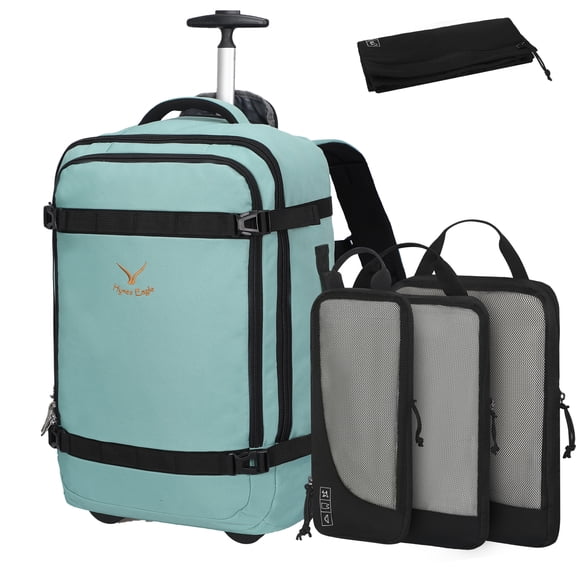 Hynes Eagle 22-inch Rolling Backpack Convertible Carry On Luggage with 4-Piece Packing Cubes, Mint Green & Blue