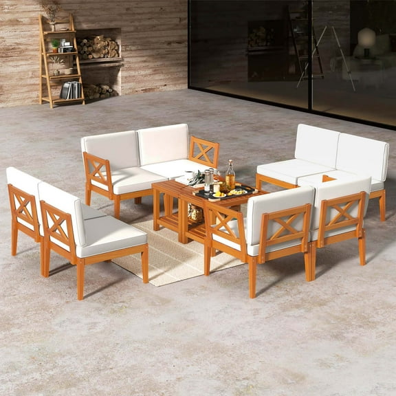 Costway 10 PCS Acacia Wood Patio Furniture Set with Cushions and 2-Tier Coffee Table