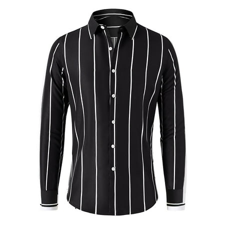 ZCFZJW Men s Stretch Wrinkle Free Dress Shirts Formal Wedding Prom Casual Striped Printed Long Sleeve Slim Fit Button Down Shirt Black XXXL