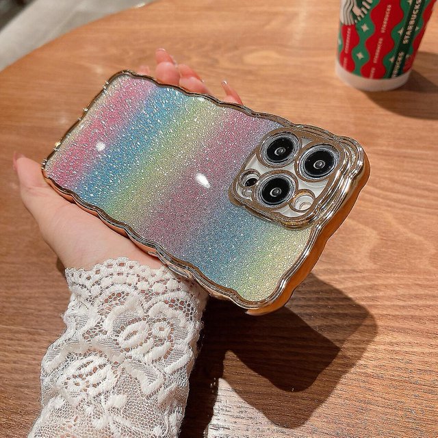 Exquisito estilo onírico, diseño de ondas con brillo arcoíris galvanizado, alta calidad, resistente a arañazos, ajuste perfecto para iPhone 12 Pro Max.