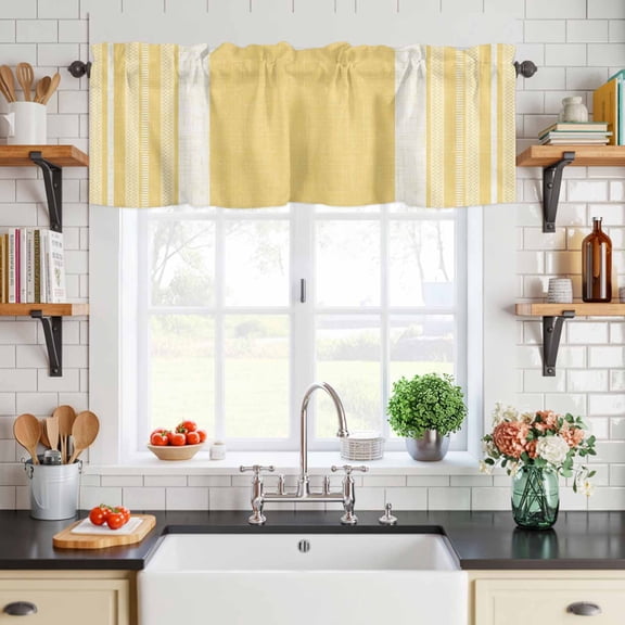 Curtain Valance for Windows Minimalist Geometric Yellow Stripe Short Rod Pocket Kitchen Valances Blackout Curtains Farmhouse Burlap Linen Window Treatment for Living Room Bathroom Bedroom,54"x18"