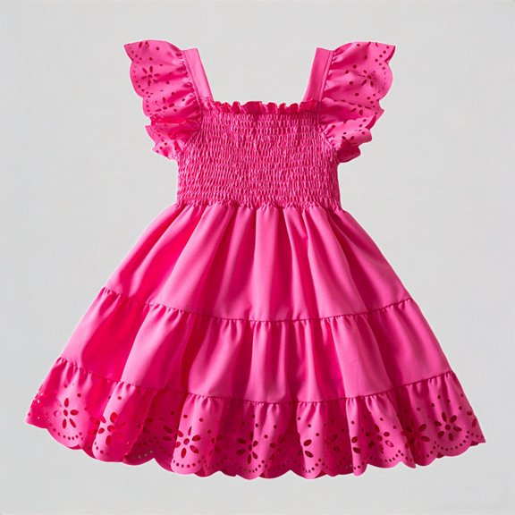 REDARER Toddler Girls' Flutter Sleeve Smocked Dress, Tiered Ruffle Eyelet Trim Dress, Summer Casual Party Dance Dress for Kids,4-5 Years