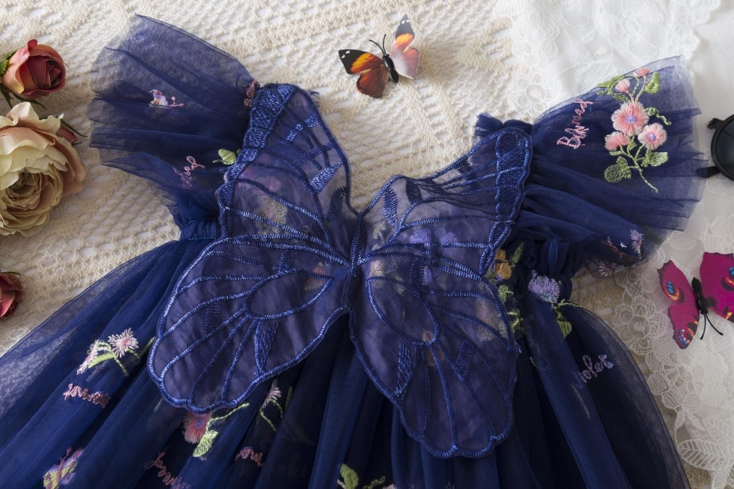 Pandaie Baby Girl Tulle Dress Flower Butterfly Wing Embroidery Sleeveless Romper Mesh Tutu Skirt Toddler Princess Birthday Party Dresses 3-4 Years Dark Blue