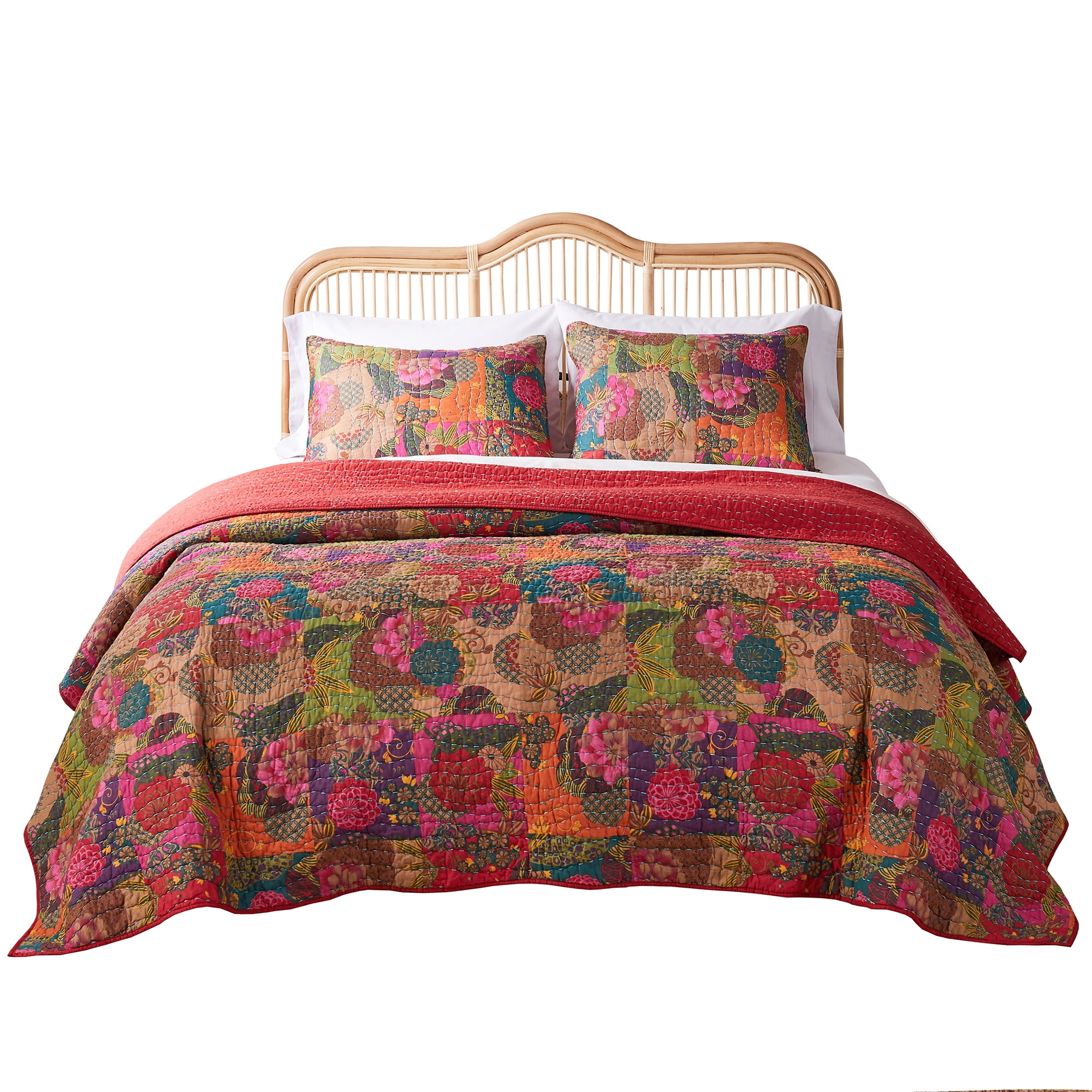 Greenland Home Fashions Jewel Kantha-Stitched Boho Red 100% Cotton Quilt Set, 3-Piece Full/Queen