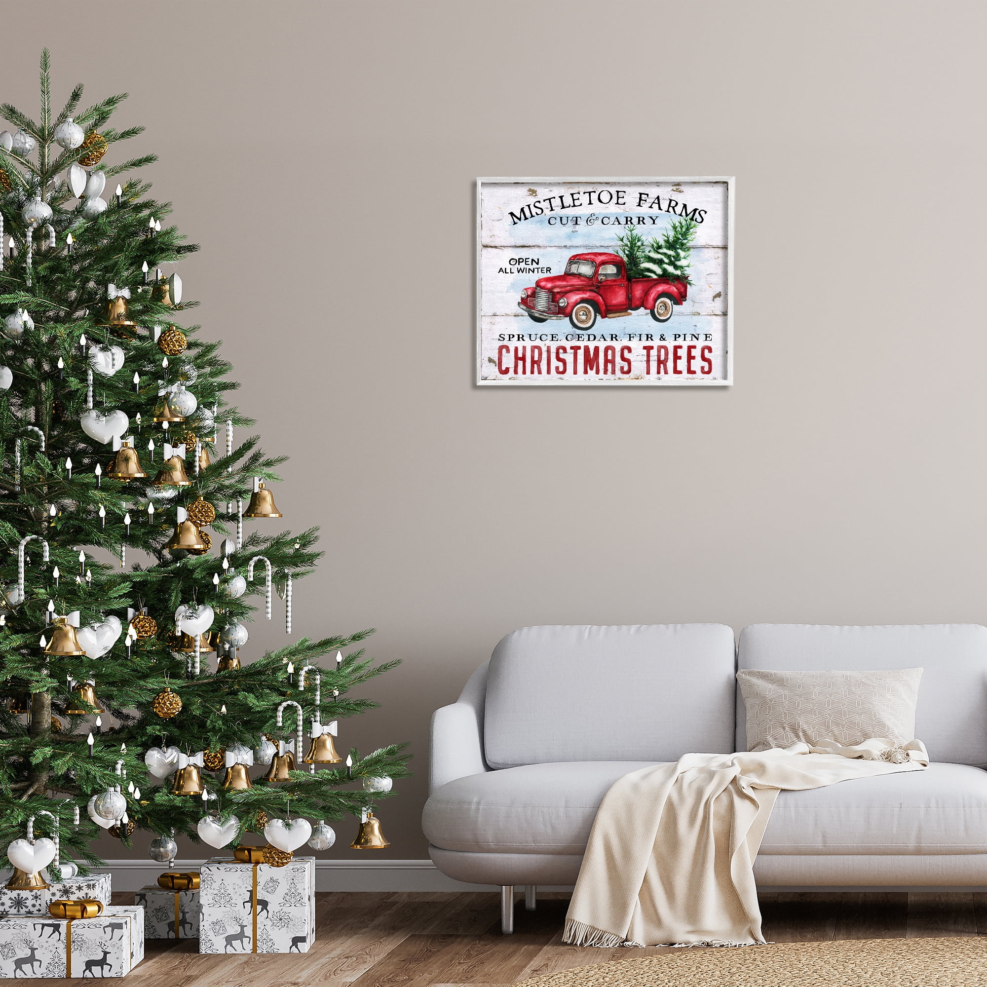 Stupell Industries Mistletoe Farm Trees Holiday Painting White Framed Art Prints Wall Art, 30 x 24