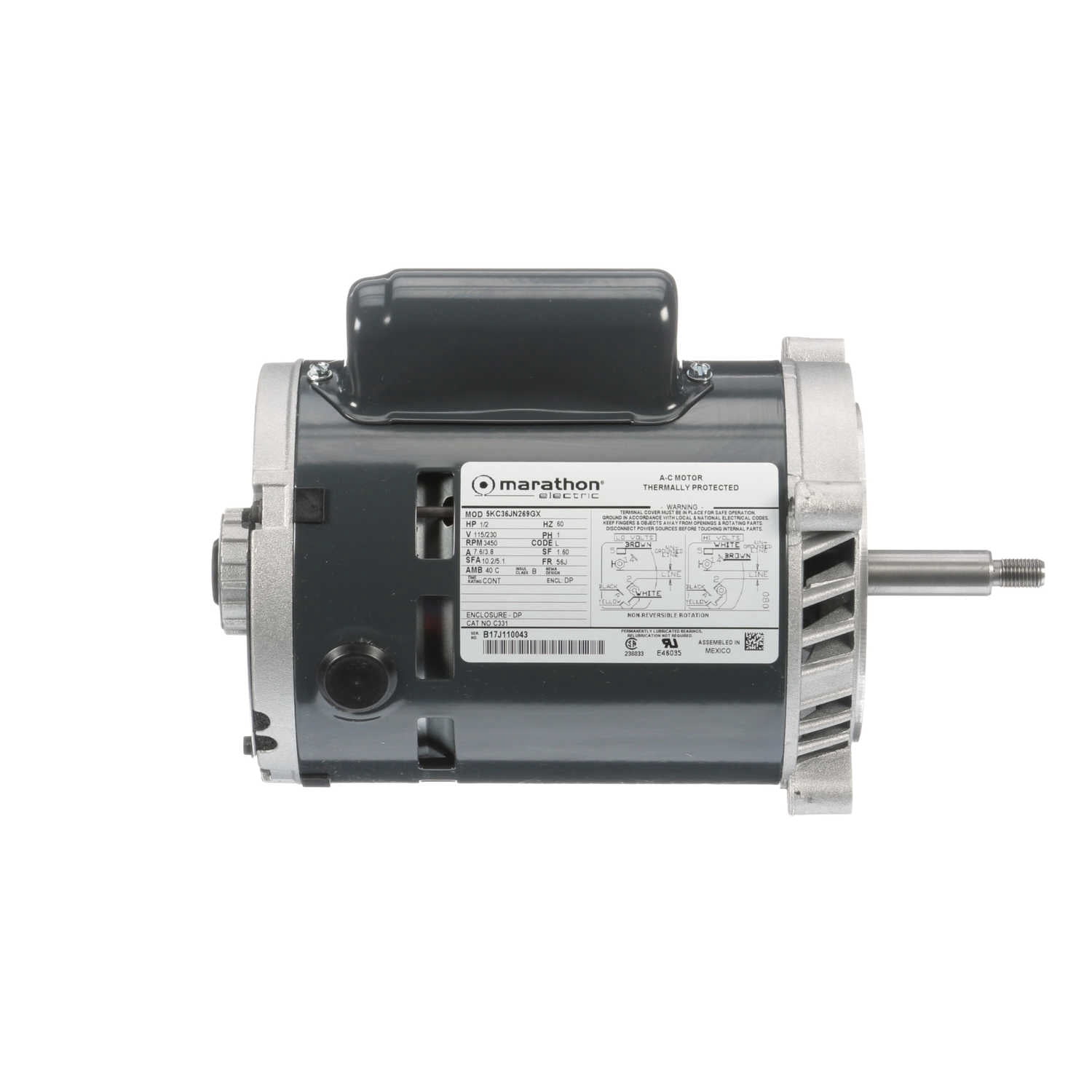 Marathon C331 56J Frame Jet Pump Motor, Single Phase Capacitor Start, C-Face, Open Drip Proof, Ball Bearing, 7.6/3.8 amp, 1/2 hp, 3600 rpm, 115/230V