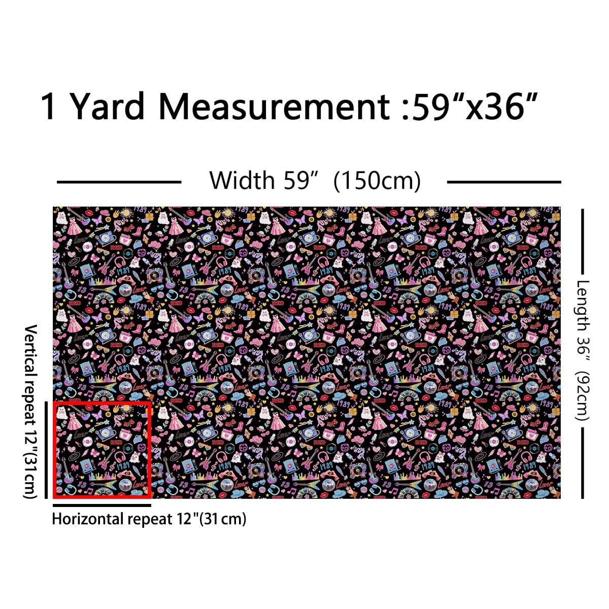 Manfei Girls Guitar Sewing & Crafting Fabric (5 Yards), Music Lovers Home Decor Fabric by the Yard, Headset Microphone Album Vinyl DIY Fabric, Black