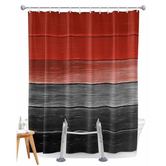 Split Shower Curtain for Transfer Bench, Red Gray Black Fabric Shower Curtains for Bathroom, Vintage Country Gradient Wooden Grain Tub Sliding Transfer Bench Waterproof Bath Curtains 72"x78"