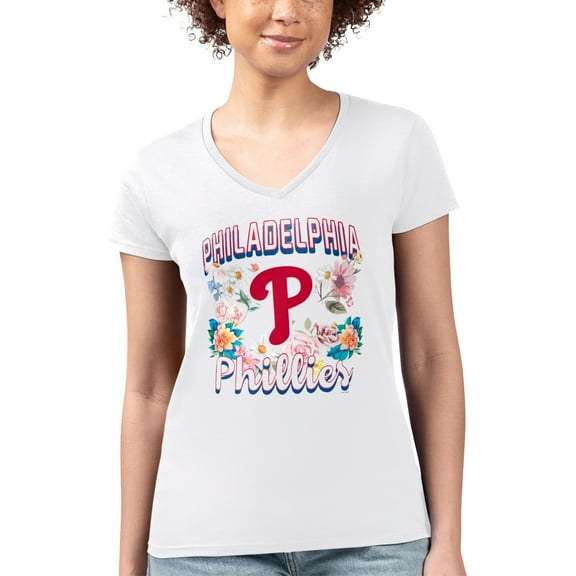 Women's G-III 4Her by Carl Banks White Philadelphia Phillies Super-Slim Fit Lightweight Flowers Graphic V-Neck T-Shirt