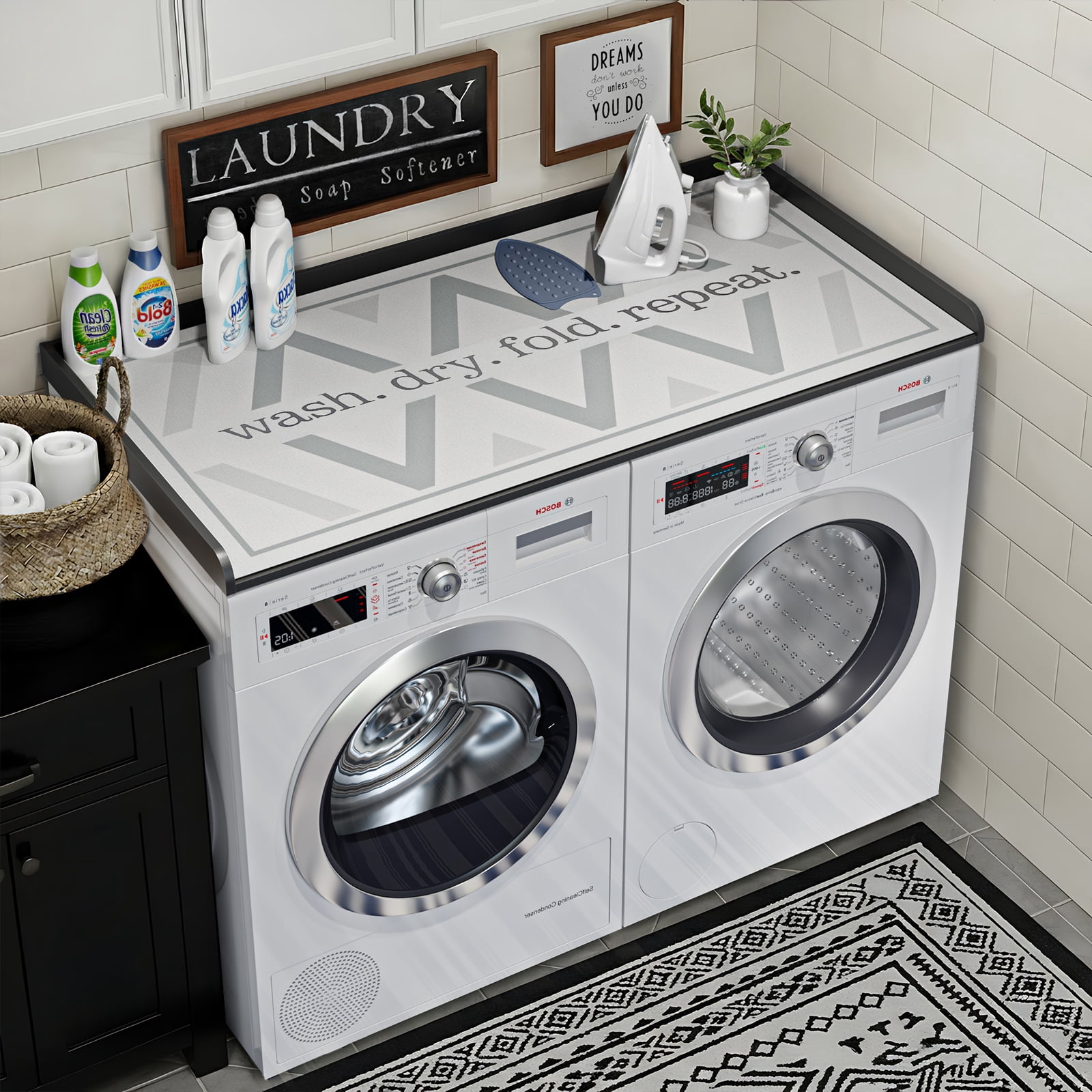 Wood Washer Dryer Countertop with Anti-Slip Pad, 27.6" D x 54" W Dryer Covers for The Top with Edge Rails, Washer Dryer Topper for Laundry Room, Black