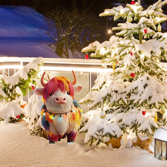 WXLCISI Christmas Garden Outdoor Decoration Acrylic Cute Highland Cattle Garden Signs Christmas Party Supplies With String Lights