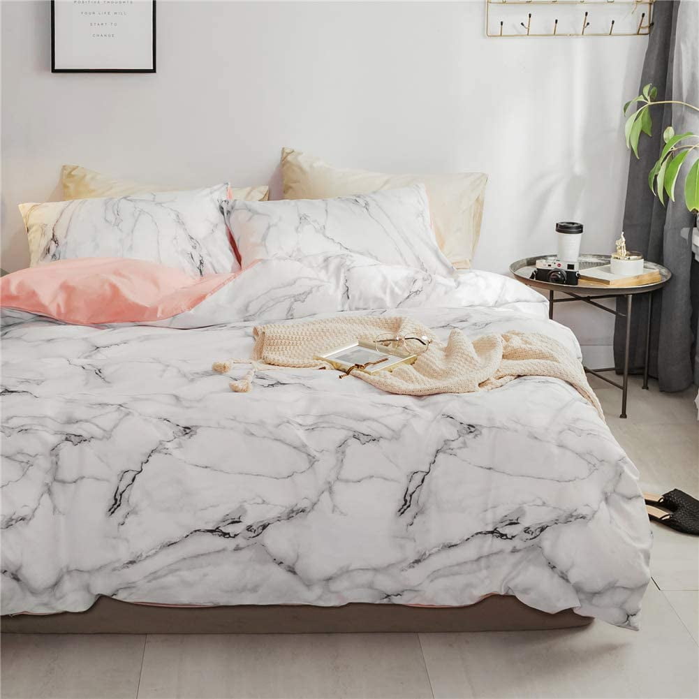 King Bedding Duvet Cover Set Pink Marble in White 100 Natural Cotton