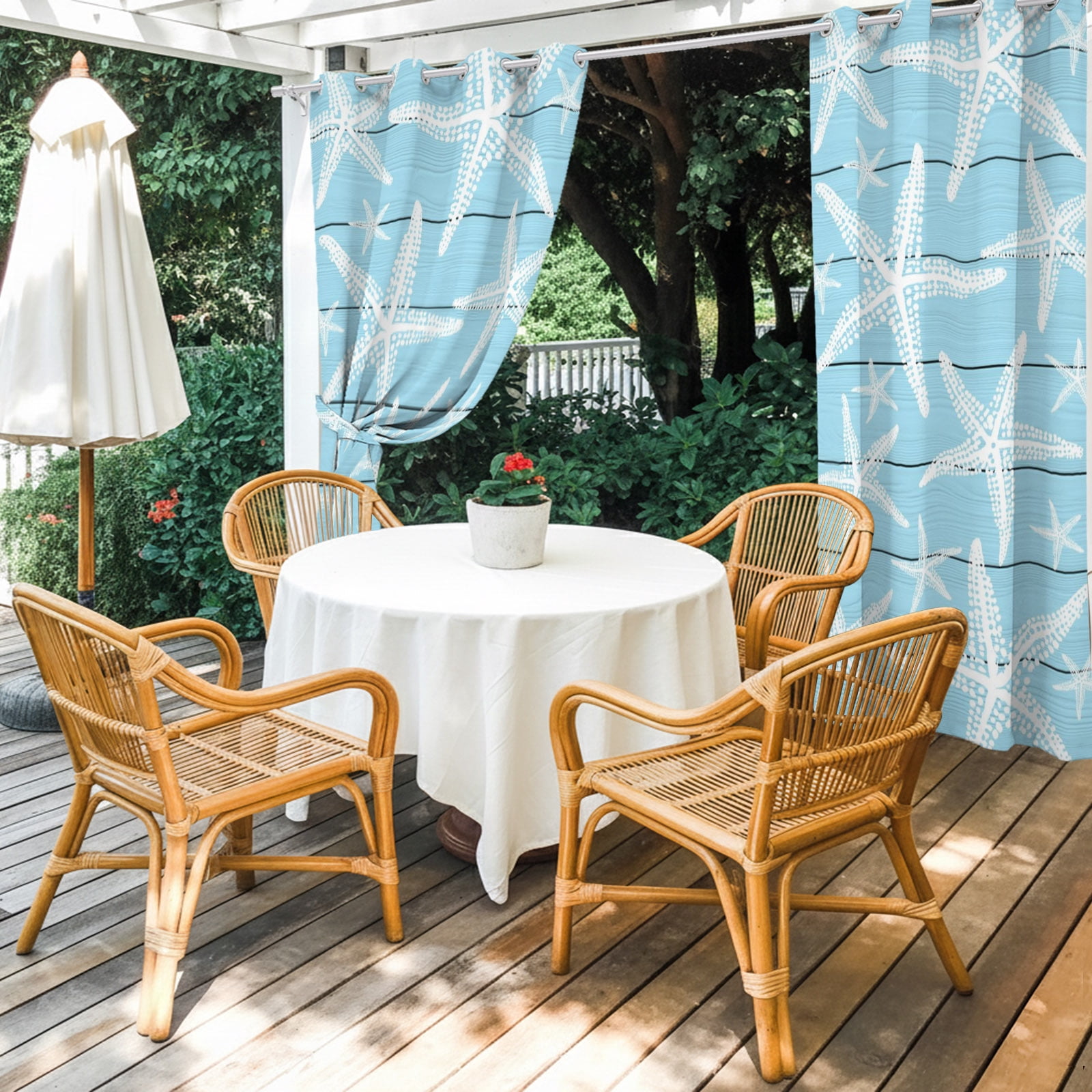 Coastal Light Blue Starfish Outdoor Curtains for Patio, Nautical Ocean Summer Minimalist Wood Grain Sunshade Privacy Drapes Grommet Waterproof Outside Curtains for Porch Balcony 54"x108", 1 Panel
