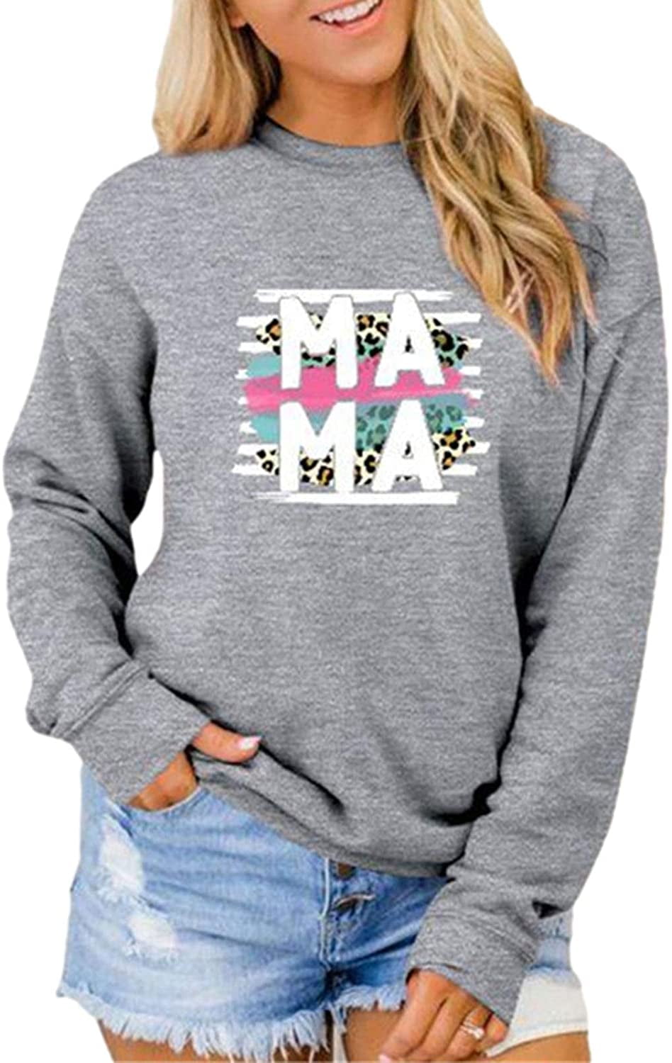 Mama Sweatshirt Women Cute Mom Letter Print Blouse Casual Long Sleeve Vacation Shirts Tops