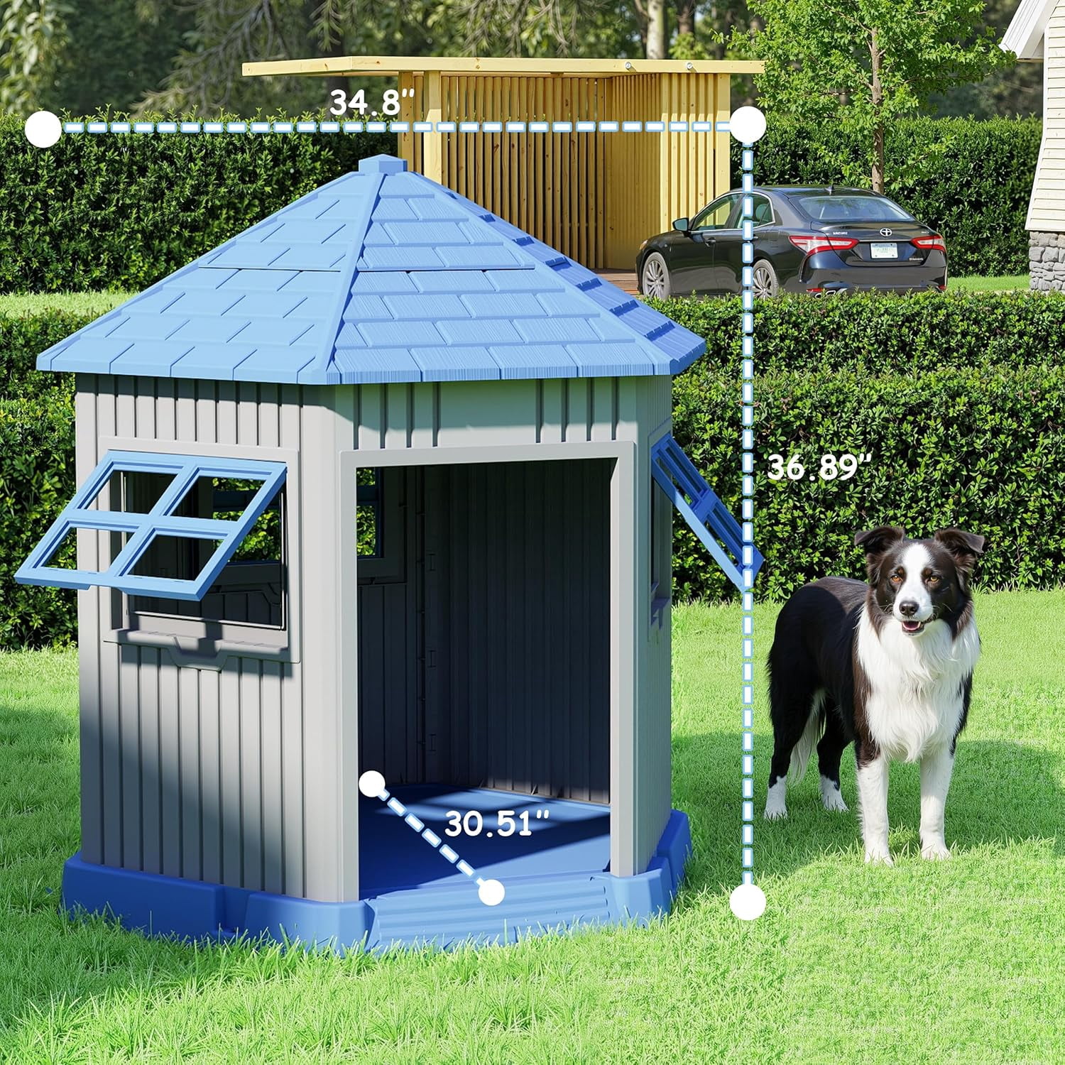 VIXZEN Large Dog House Outdoor, Barn-Style Outside Dog House with Waterproof Material & Openable Window, All-Weather Pet Shelter for Large Breeds (Blue)