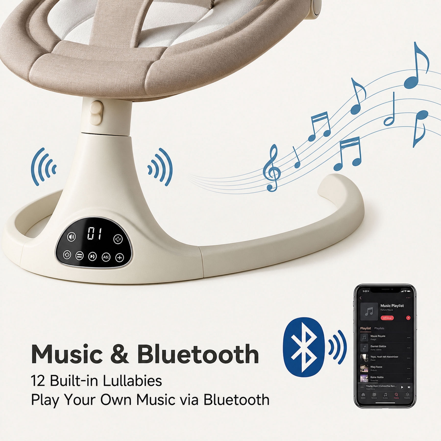 Oioane Electric Baby Swing for Infants, 5 Speeds & 3 Modes with Bluetooth Music, App Remote Control, Gray