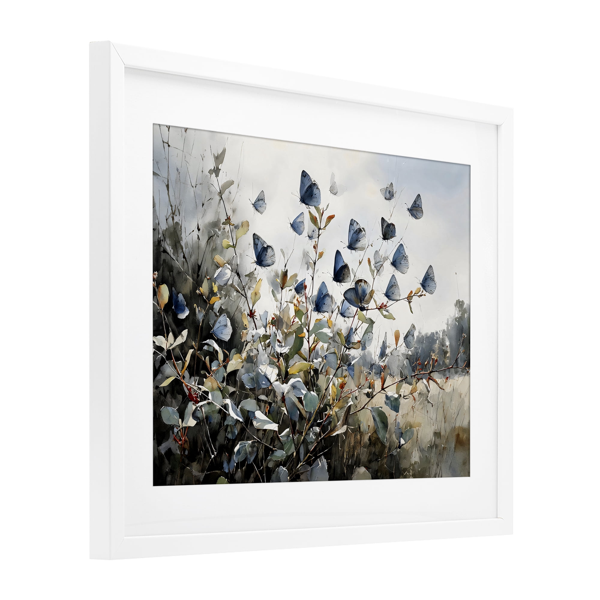 Stupell Industries Blue Butterflies Among Meadow Leaves White Framed Print Under Glass, design by Franklyn Gregory