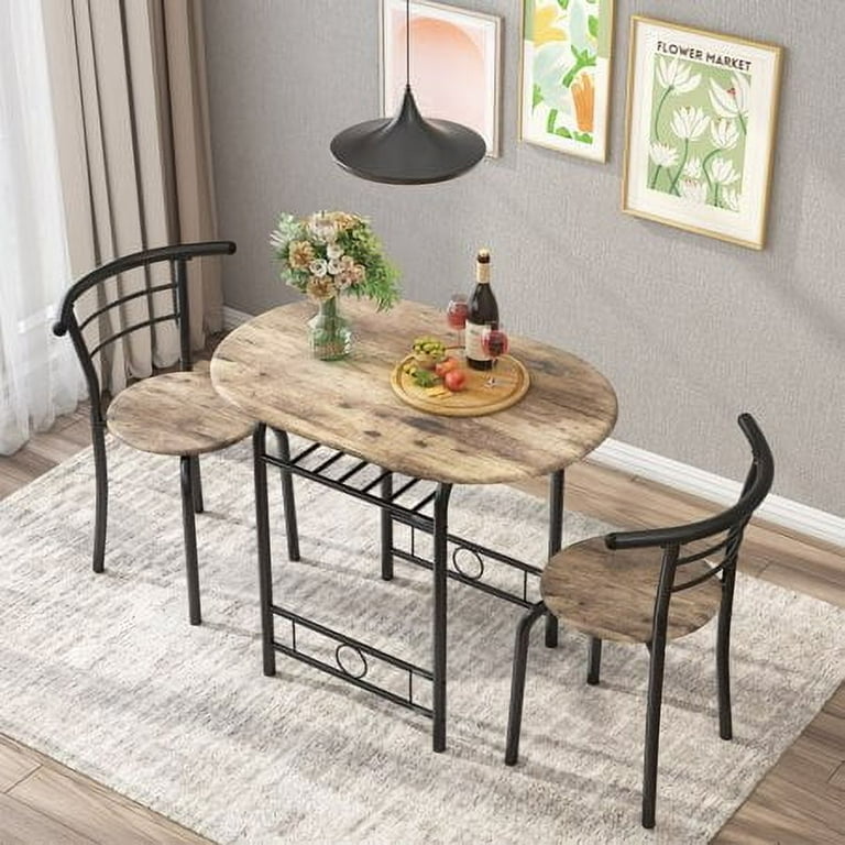 Furmax 3 Piece Wood and Metal Dining Set Small Dining Table for 2 for Living Room Dining Room Kitchen Brown