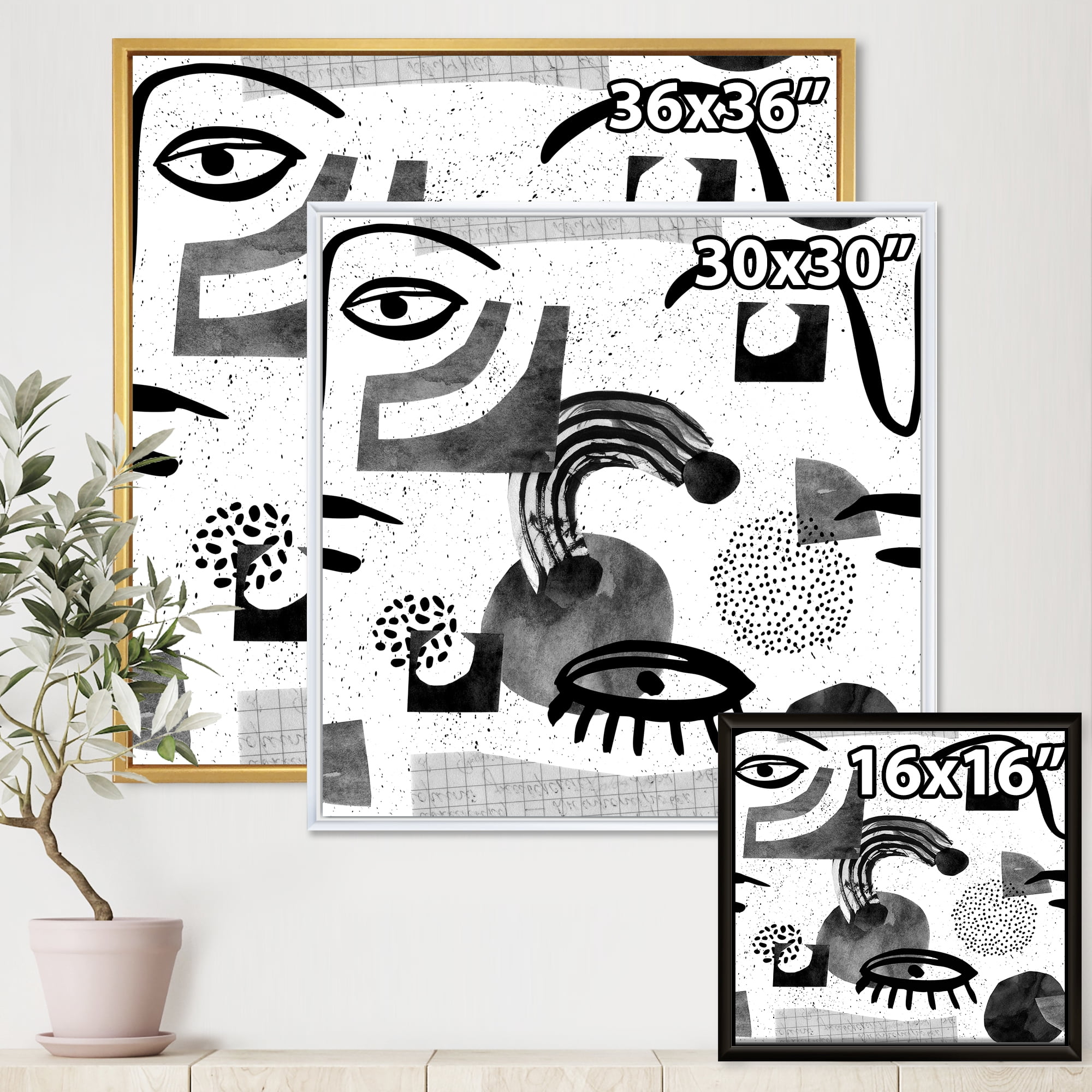 Designart 'Collage of Eyes And Doodles In Contemporary Style II' Modern Framed Canvas Wall Art Print