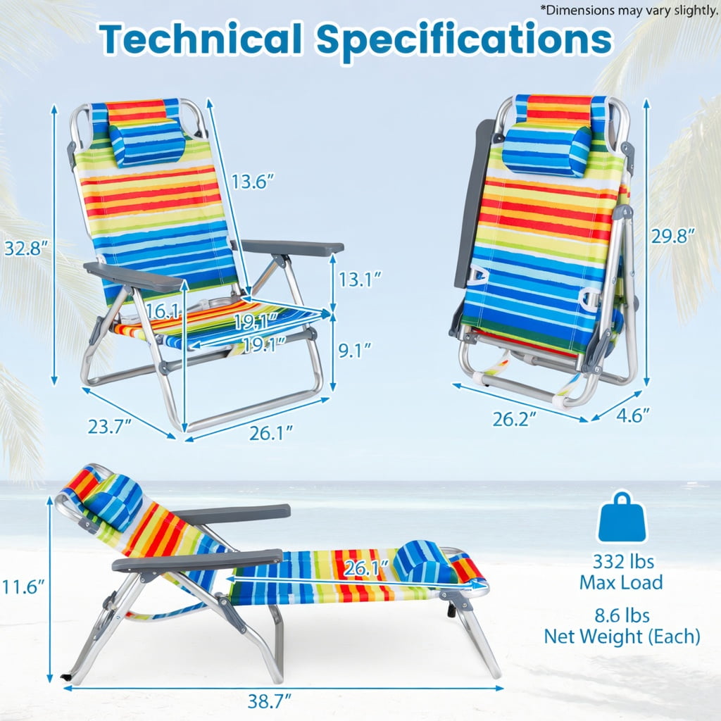 Hommoo 2-Pack Portable Beach Chairs with 5-Position Recline, Padded Headrest, Insulated Cooler Bag & Aluminum Frame, Yellow