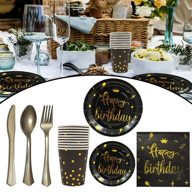 Birthday Party Paper Plates Napkins Golden Happy Theme Birthday Decorations For Man And Women