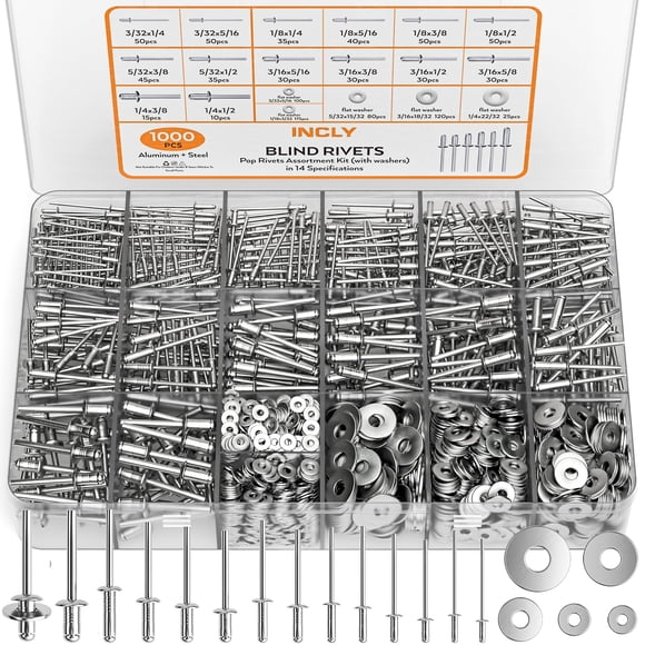 INCLY 1000PCS Aluminum Pop Rivets Assortment Kit, 14 Sizes Pop Rivets (3/32" 1/8" 5/32" 3/16" 1/4") with 5 Size 304 Stainless Steel Backup
