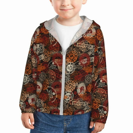 

Goofa Coffee Stamp Printed Kids Zip-Up Hoodie Girls Boys UPF50+ Sun Protection Jacket Hooded Cooling Shirt-5 Years