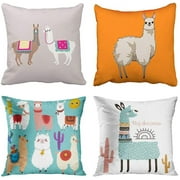 JOOCAR Set of 4 Throw Pillow Covers Llama Cute Cartoon Drama Orange Catoon Abstract Llamas Decorative Pillow Cases Home Decor Square 18x18 Inches Pillowcases