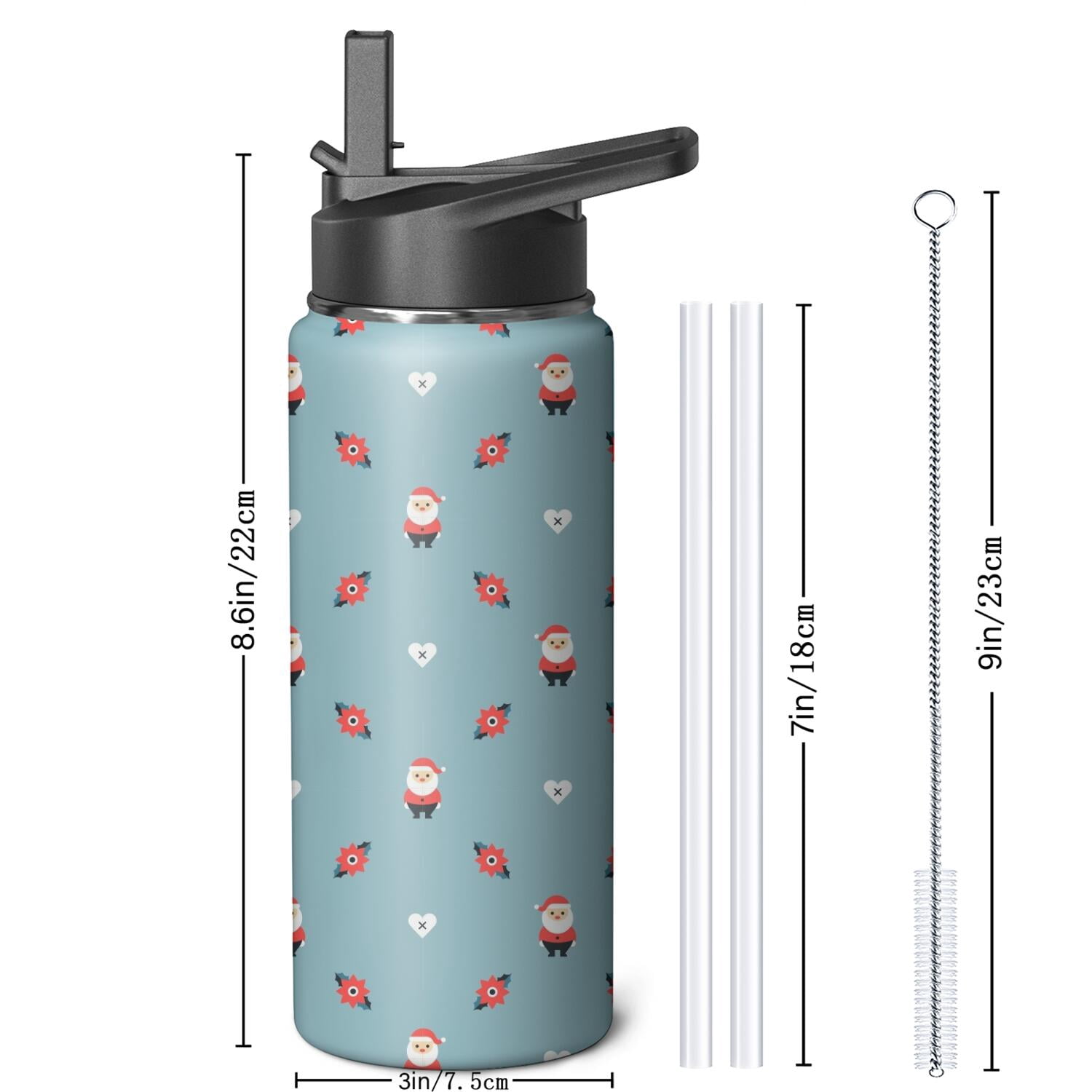 Christmas 18 oz Insulated Stainless Steel Water Bottle with Straw & Cleaning Brush , Leakproof, BPA-Free, 304 Stainless Steel, Wide Mouth, Travel Mug for Car, Gym, Office