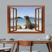 wall26 - Sea Lions at The Beach Outside of an Open Window | Removable Wall Sticker/Wall Mural - 24"x32"