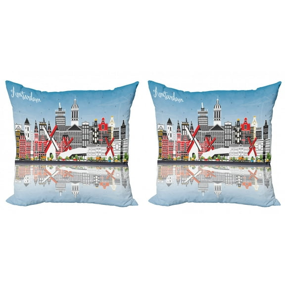 Ambesonne Amsterdam Throw Pillow Cover 2 Pack, City Skyline Calligraphy, 24", Multicolor